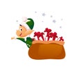 Vector cartoon illustration with funny santa elf character and big bag with gift boxes isolated. Royalty Free Stock Photo